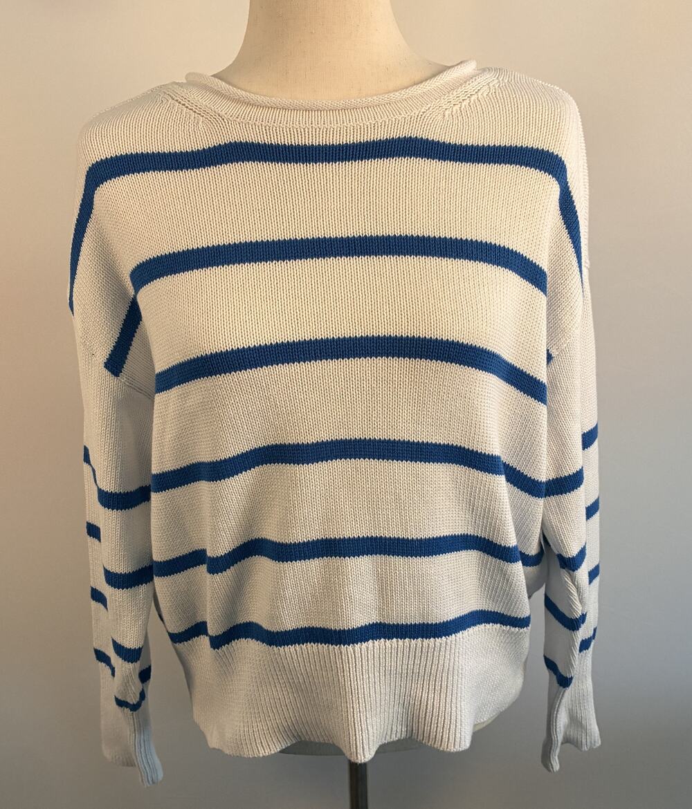 CeCe Striped Knit Pullover Sweater Womens Size M White Blue Rolled Boat Neck